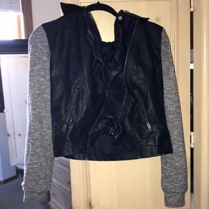 Black leather grey hoodie jacket